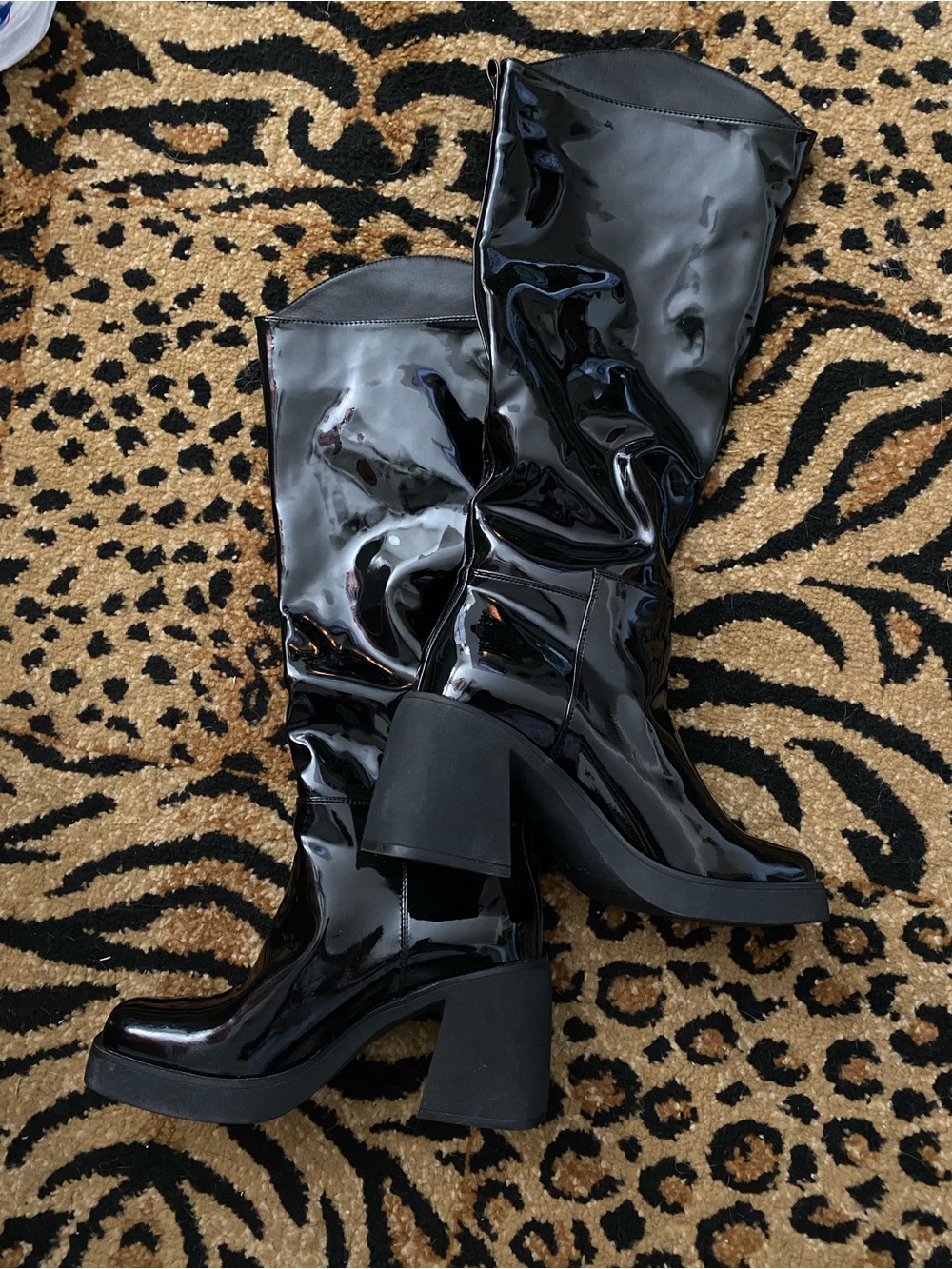 Patent Black Mid-Calf Platform Block Heel Boots